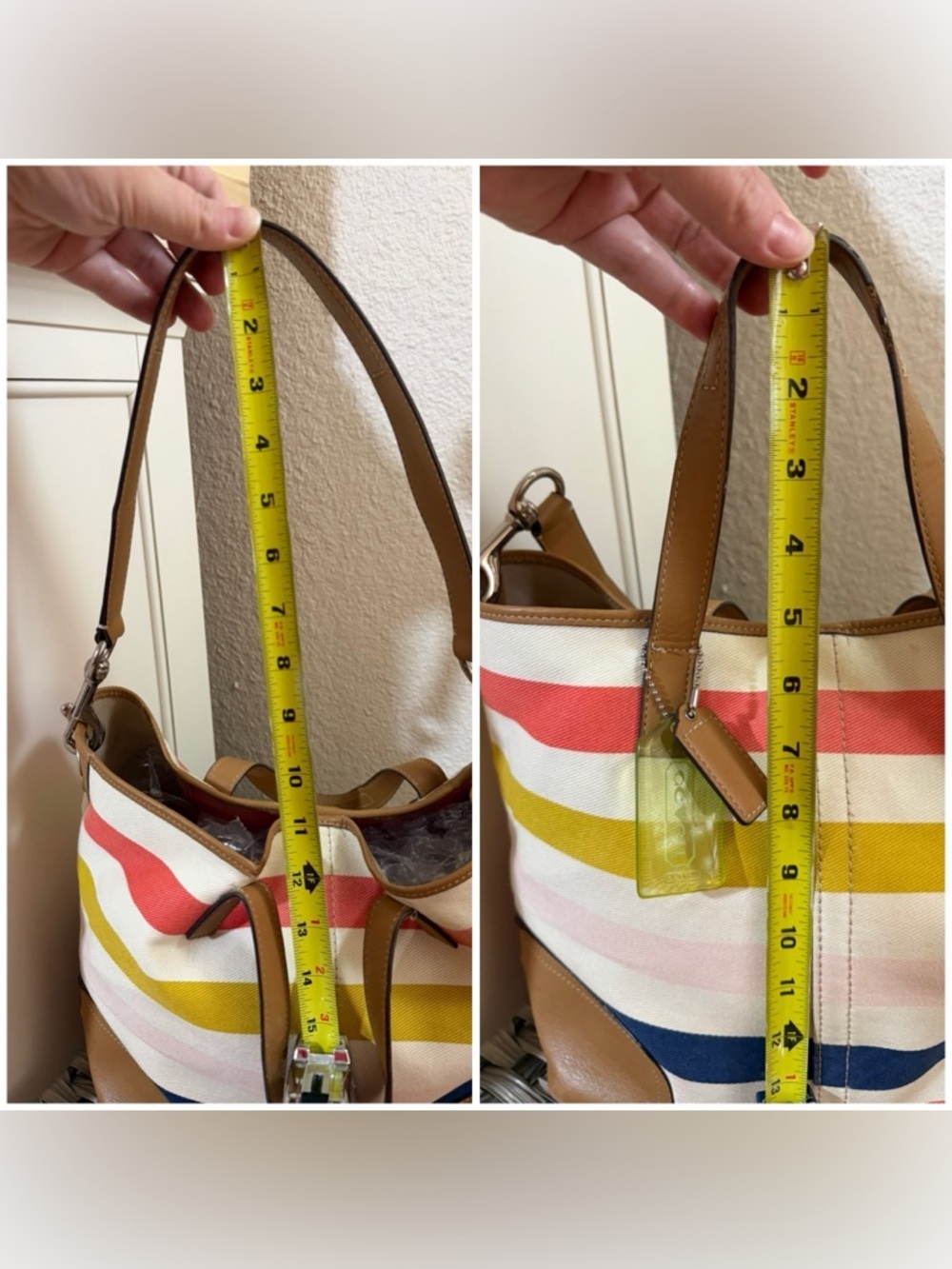 Coach Striped Canvas Tote in Coral, Mustard, Navy & Pink with Tan Leather F30041 - Picture 15 of 16